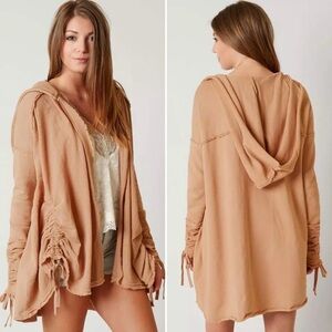 Free People Get Yer Gauze Ballet Tan Hoodie Ruched Oversized Cardigan